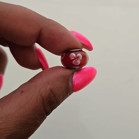 Murano Glass Bead Flower Charm 925 Burgandy - Picture 6 of 16